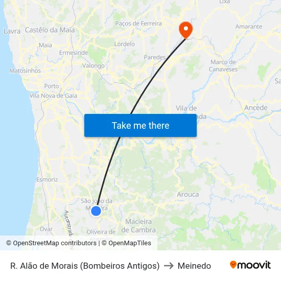 R. Alão de Morais (Bombeiros Antigos) to Meinedo map