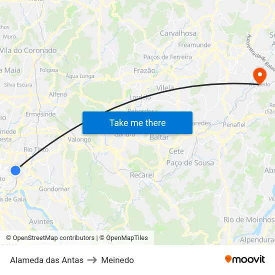Alameda das Antas to Meinedo map