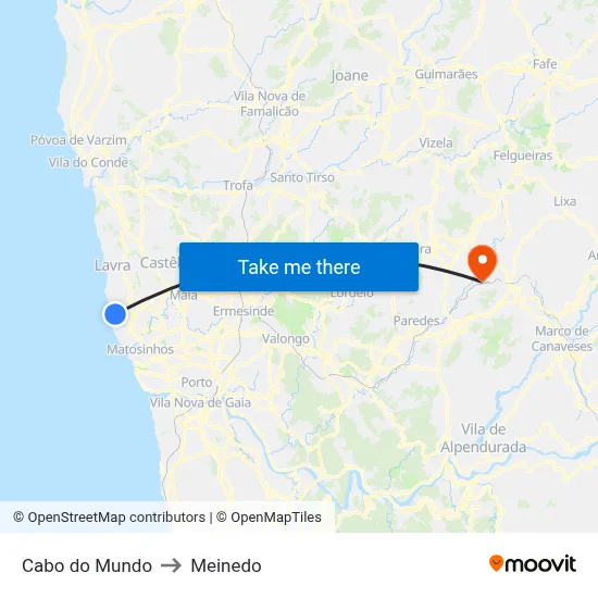 Cabo do Mundo to Meinedo map