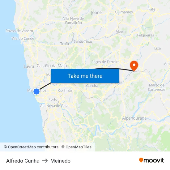 Alfredo Cunha to Meinedo map