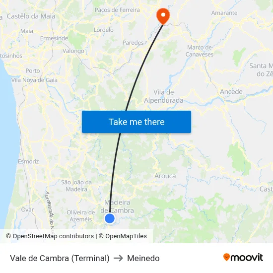 Vale de Cambra (Terminal) to Meinedo map