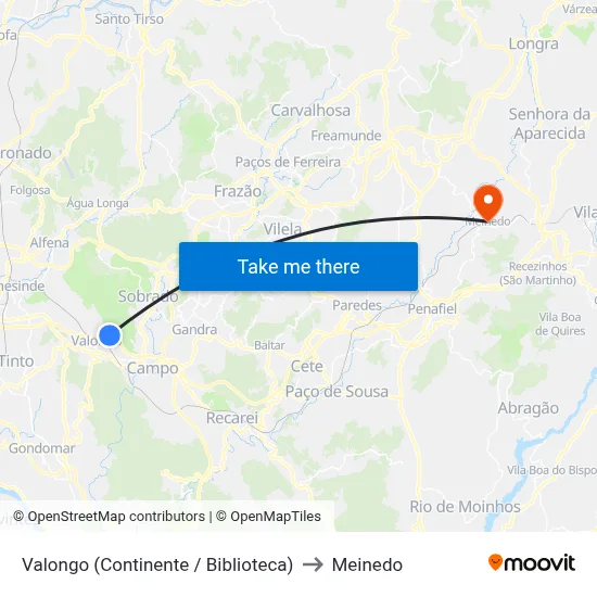 Valongo (Continente / Biblioteca) to Meinedo map