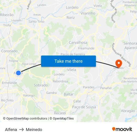 Alfena to Meinedo map
