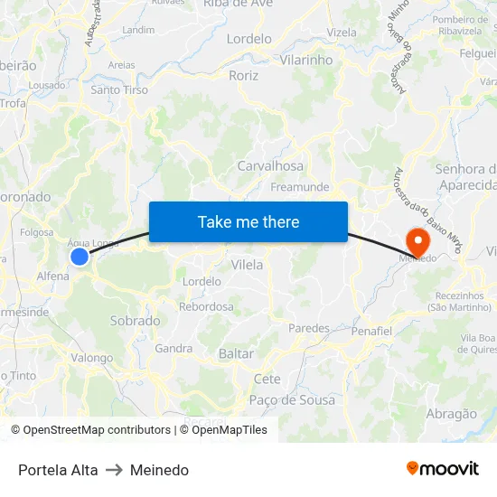 Portela Alta to Meinedo map