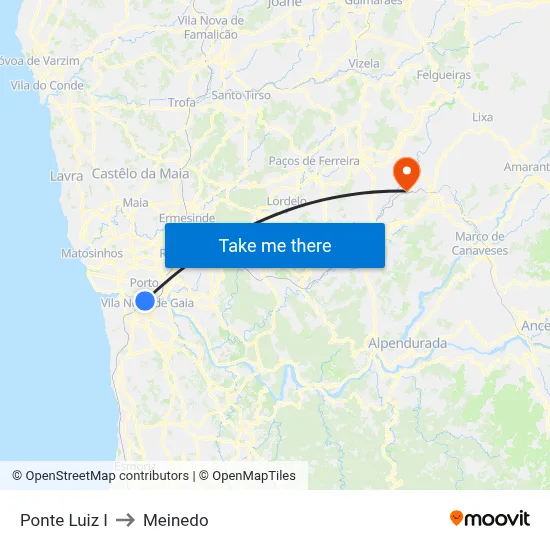 Ponte Luiz I to Meinedo map