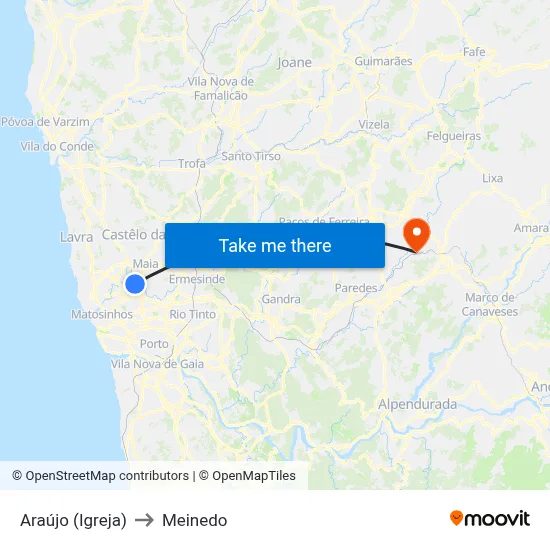 Araújo (Igreja) to Meinedo map