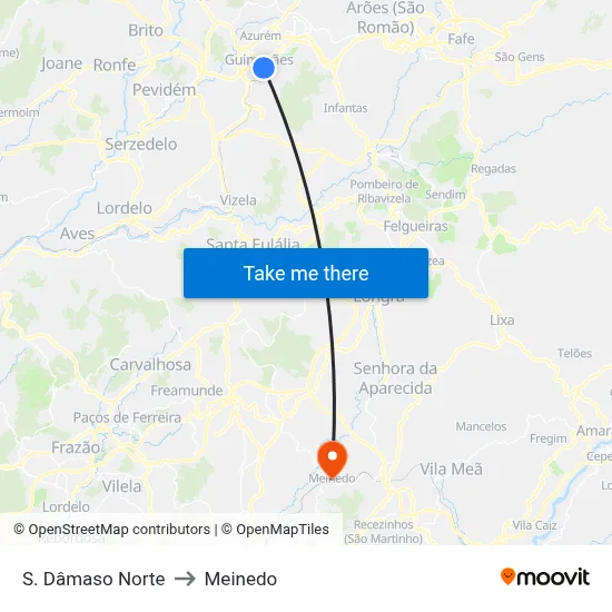 S. Dâmaso Norte to Meinedo map
