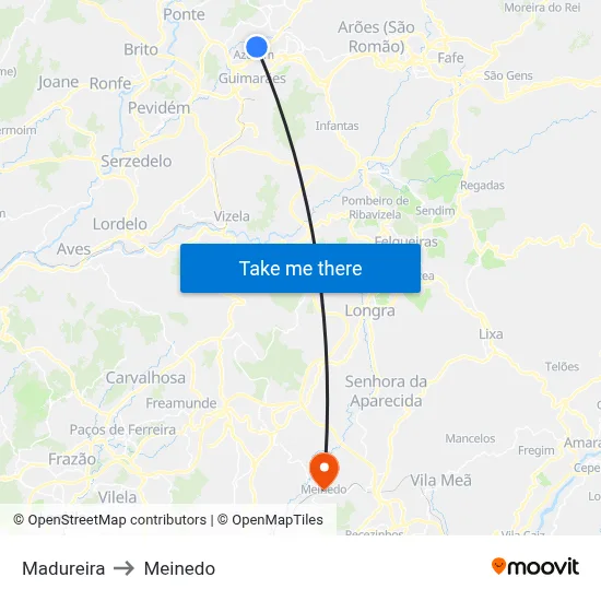 Madureira to Meinedo map