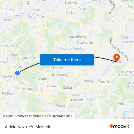 Aldeia Nova to Meinedo map