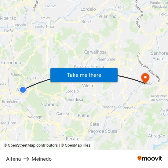 Alfena to Meinedo map