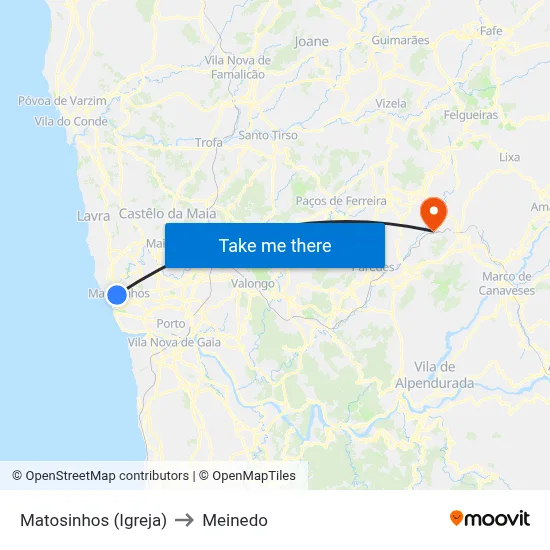 Matosinhos (Igreja) to Meinedo map