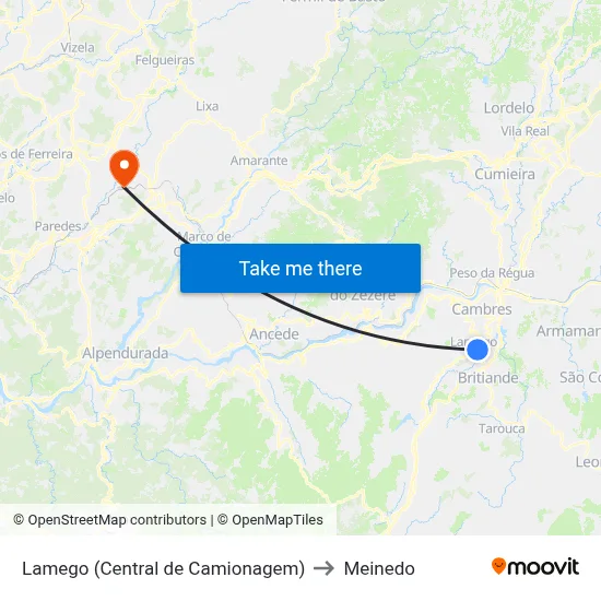 Lamego (Central de Camionagem) to Meinedo map