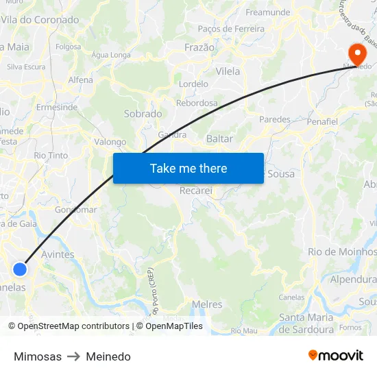 Mimosas to Meinedo map