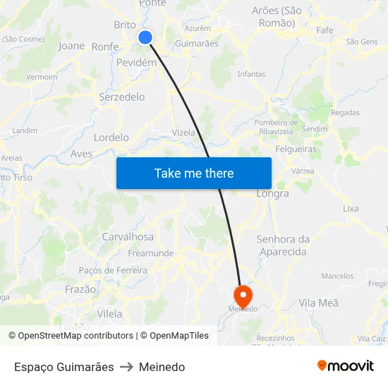 Espaço Guimarães to Meinedo map