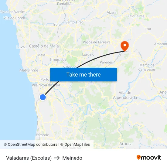 Valadares (Escolas) to Meinedo map
