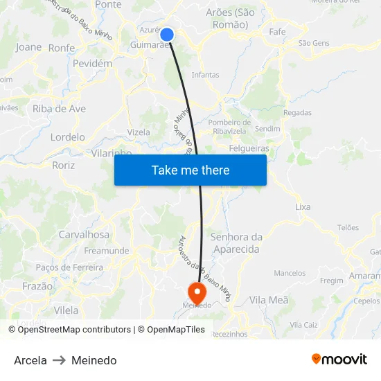 Arcela to Meinedo map