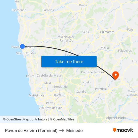 Póvoa de Varzim (Terminal) to Meinedo map