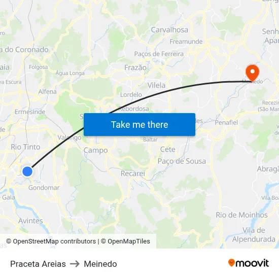 Praceta Areias to Meinedo map