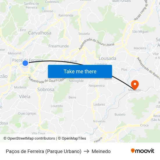 Paços de Ferreira (Parque Urbano) to Meinedo map