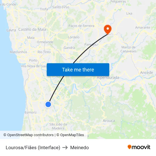 Lourosa/Fiães (Interface) to Meinedo map