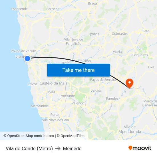 Vila do Conde (Metro) to Meinedo map
