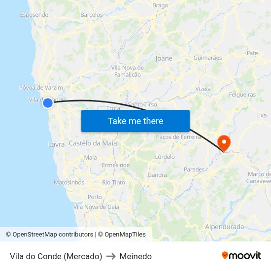 Vila do Conde (Mercado) to Meinedo map