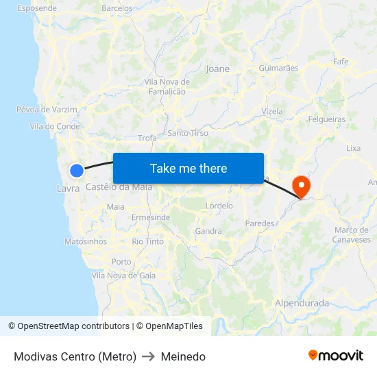Modivas Centro (Metro) to Meinedo map