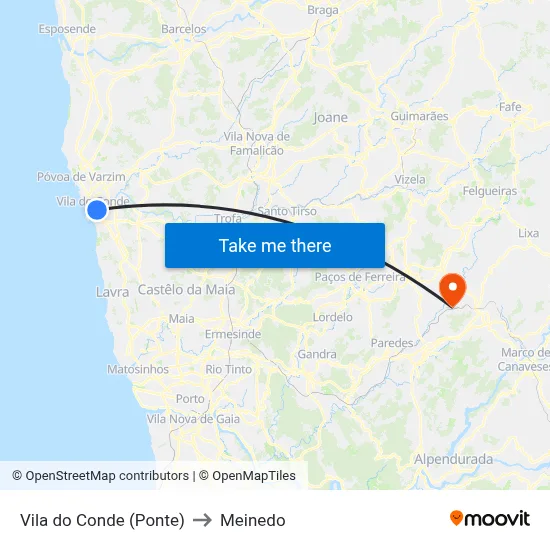 Vila do Conde (Ponte) to Meinedo map