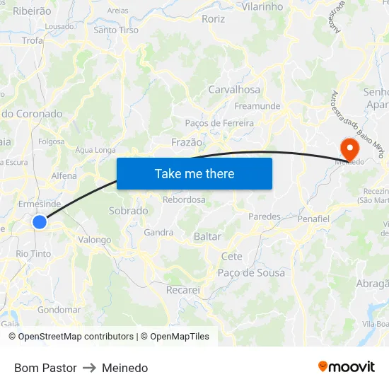 Bom Pastor to Meinedo map