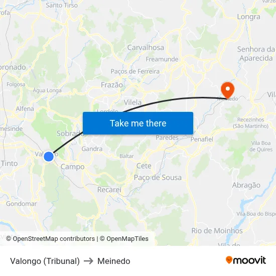 Valongo (Tribunal) to Meinedo map