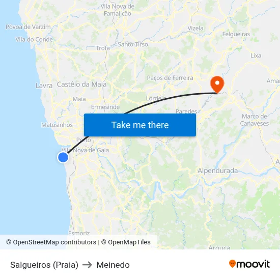 Salgueiros (Praia) to Meinedo map