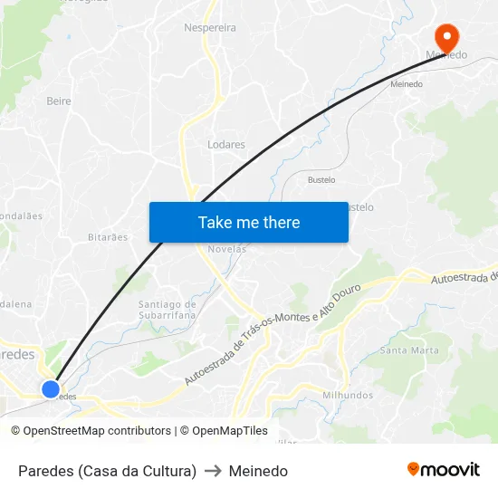 Paredes (Casa da Cultura) to Meinedo map
