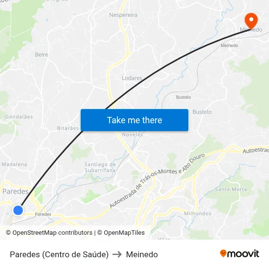 Paredes (Centro de Saúde) to Meinedo map