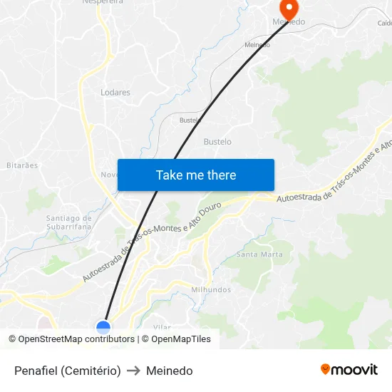 Penafiel (Cemitério) to Meinedo map