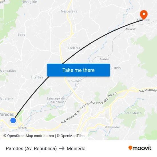 Paredes (Av. República) to Meinedo map