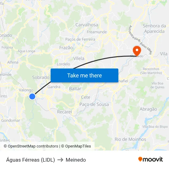 Águas Férreas (LIDL) to Meinedo map