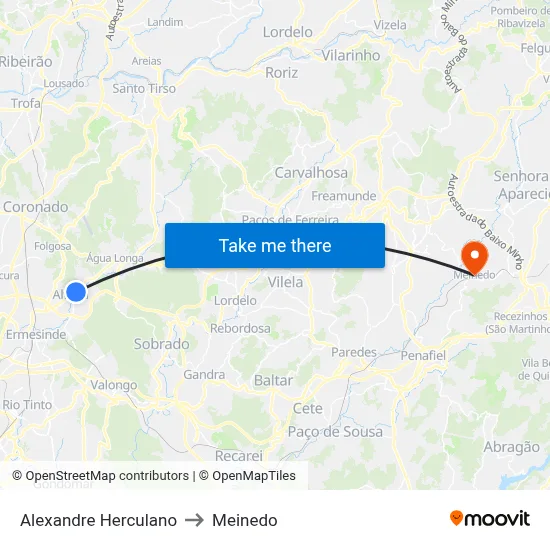Alexandre Herculano to Meinedo map