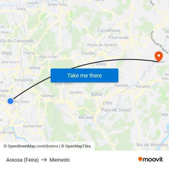Areosa (Feira) to Meinedo map