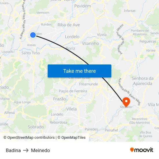 Badina to Meinedo map
