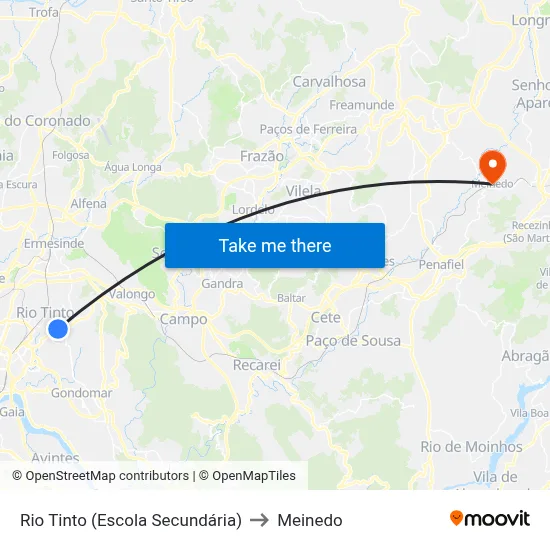 Rio Tinto (Escola Secundária) to Meinedo map