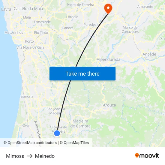 Mimosa to Meinedo map