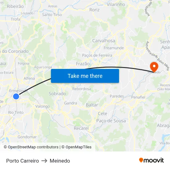 Porto Carreiro to Meinedo map