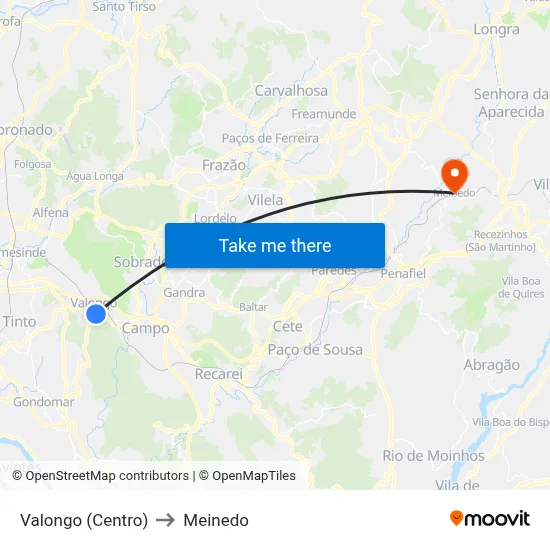 Valongo (Centro) to Meinedo map