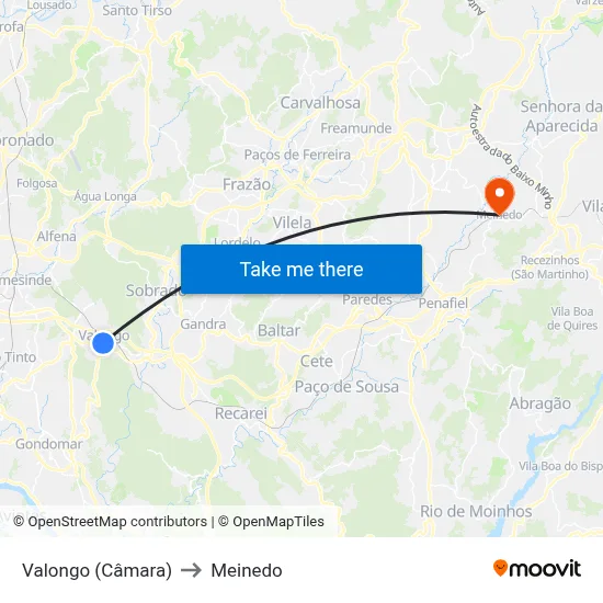 Valongo (Câmara) to Meinedo map