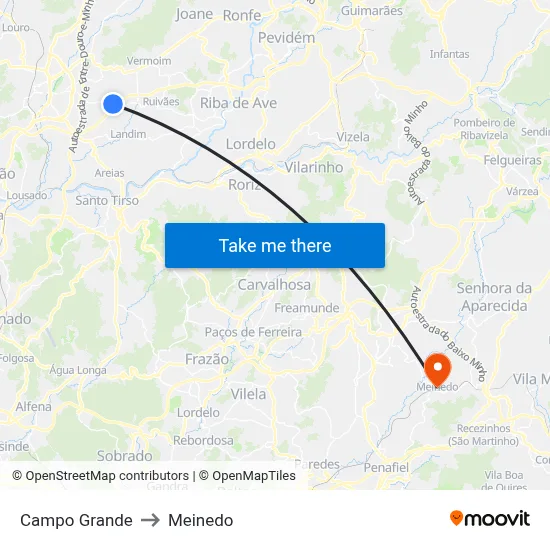 Campo Grande to Meinedo map