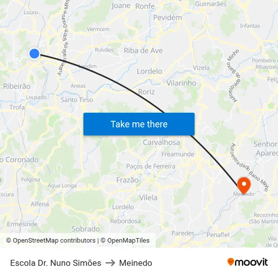 Escola Dr. Nuno Simões to Meinedo map