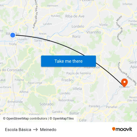Escola Básica to Meinedo map
