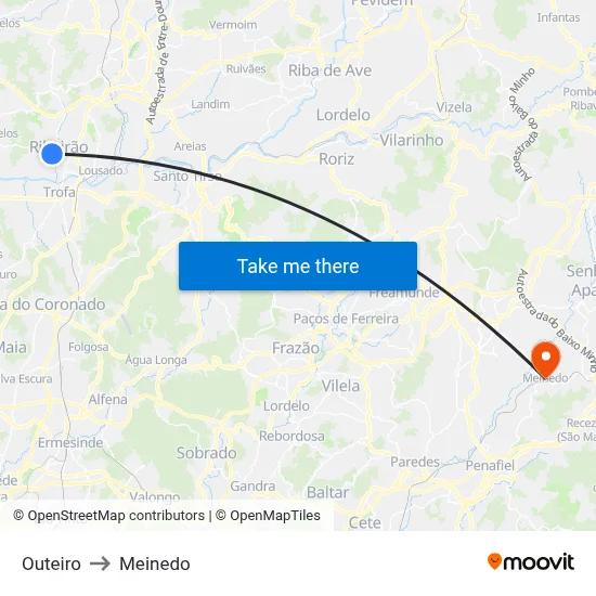 Outeiro to Meinedo map