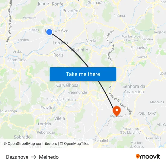 Dezanove to Meinedo map