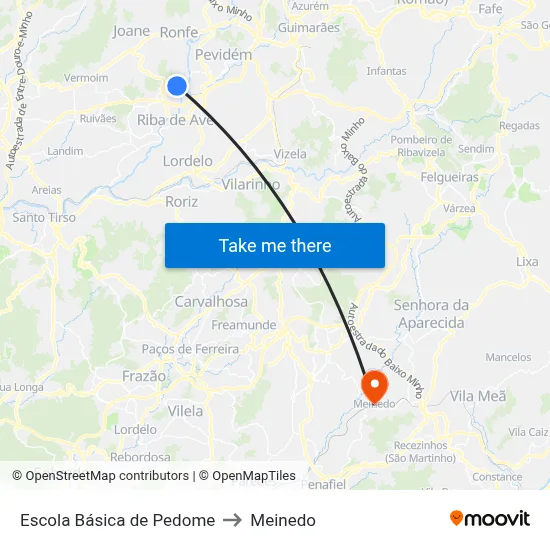 Escola Básica de Pedome to Meinedo map
